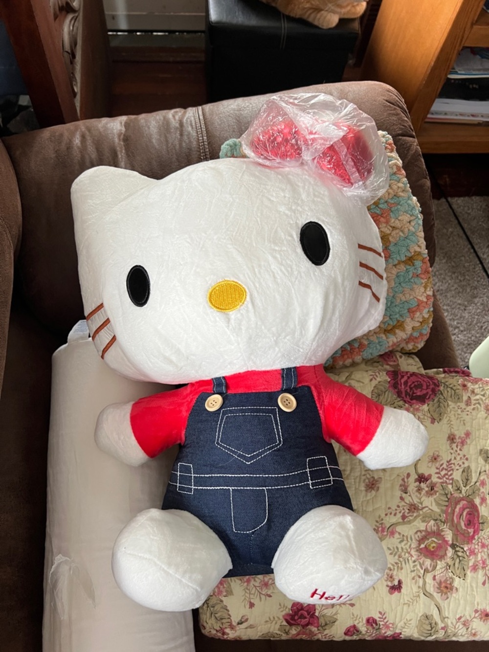 Hello Kitty Plush in White, Red and Navy Overalls with Red Bow